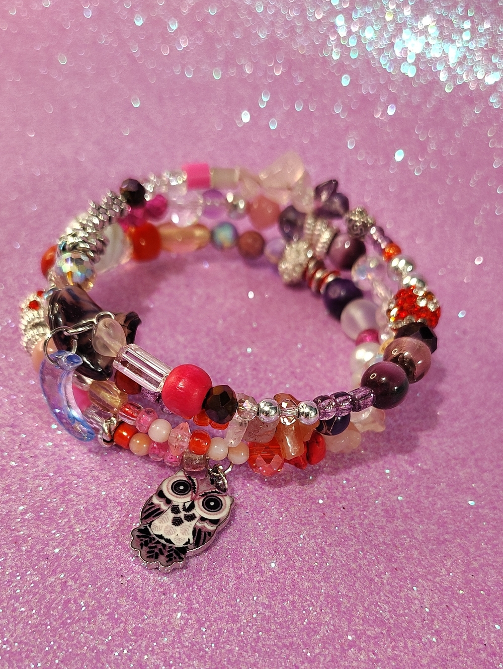 "Owl At The Moon" Variety Beaded Memory Wire Bracelet - Handmade